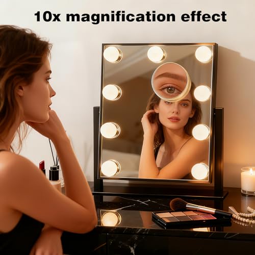 Vanity Mirror with Lights, Lighted Vanity Mirror with 9 Dimmable Bulbs for Dressing Room & Bedroom, 3 Color Lighting Modes, Detachable 10x Magnification 360¡ÆRatation (Black)