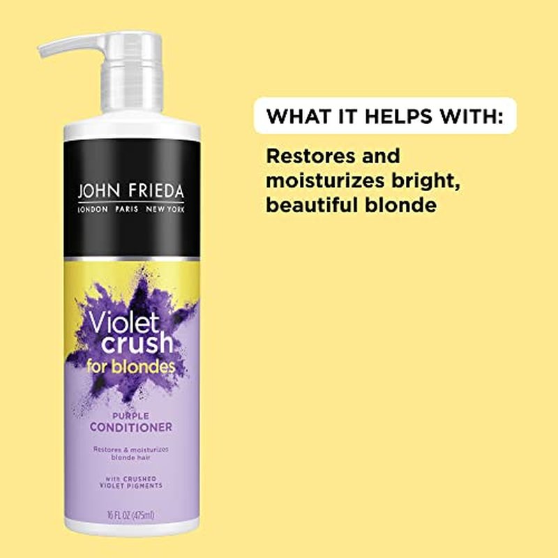 John Frieda Violet Crush Purple Conditioner, Purple Conditioner for Blonde Hair, Crushed Violet Pigments Neutralize Brassy Tones for Cooler, Brighter Blonde, 16 FL OZ (475ml)