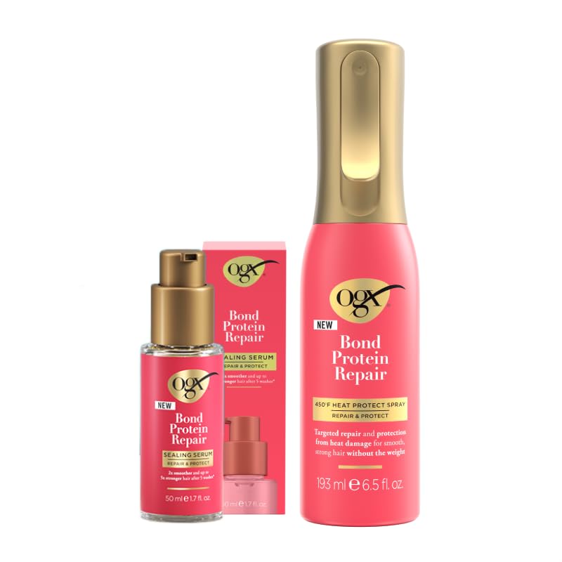 OGX Bond Protein Repair Heat Protectant Bundle - Hair Serum & Spray for Damaged Hair