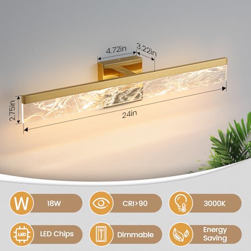 Gold 24-Inch Dimmable Vanity Light Fixture for Bathroom Mirror