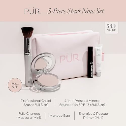 P?R Minerals Multitasking Essentials Kit - Makeup Gift Set Includes 4-in-1 Correcting Primer, Fully Charged Mascara, 4-in-1 Pressed Mineral Powder & 1 Chisel Brush