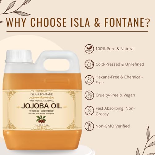 ISLA & FONTANE Jojoba Oil ? 1L (33.8 fl oz) | 100% Pure & Natural | Golden, Unrefined, Cold Pressed | Hexane-Free Carrier Oil for Skin, Hair, Face, Nails & Body Moisturizing