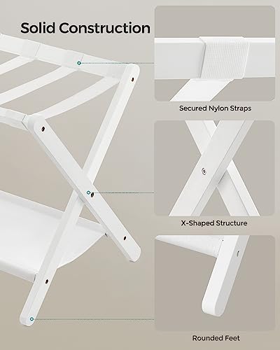 Cloud White Bamboo Luggage Rack with Storage Shelf - Foldable Suitcase Stand