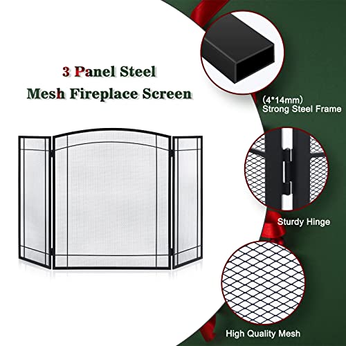 Modern Black 3-Panel Fireplace Screen 48x29in Foldable Heavy Duty Metal Mesh