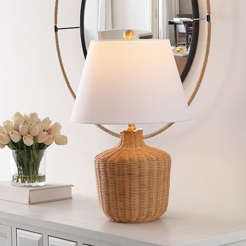 Modern Rattan and Brass Table Lamp - 22 Inch Bedside Light with Fabric Shade