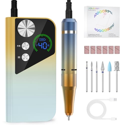 Homeasy Yellow Rechargeable Nail Drill 40000RPM with Bits & LCD Screen - Professional Manicure & Pedicure E-File
