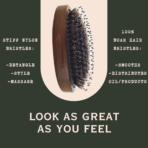 Men's Beard & Hair Grooming Brush - Dual Soft & Stiff Boar & Nylon Bristles, Travel Size, Gift Tin