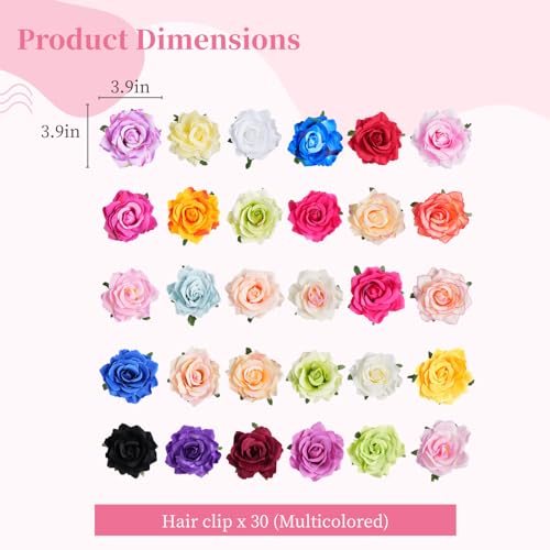 30 Pack Artificial Rose Hair Clips for Women, Large Flower Claw Clips for Thick Hair