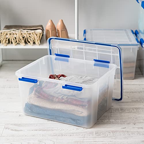 2-Pack 44 Qt Clear Blue Storage Bins with Gasket Lids - Weatherproof, Stackable, Made in USA