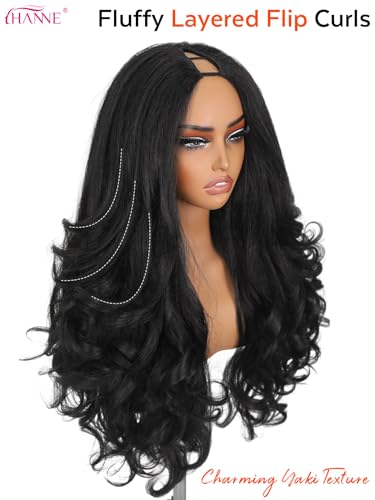 HANNE 26 Inch Yaki Layered Flip Curl Wavy V Part Wig Black Variation