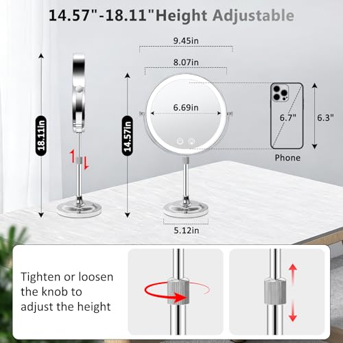 8-Inch LED Lighted Makeup Mirror with Adjustable Height & 10X Magnification