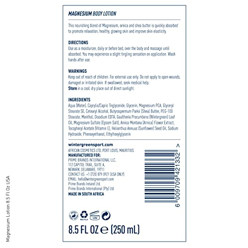 Wintergreen Magnesium Body Lotion, 8.5oz ? Arnica, Menthol for Muscle Recovery, Soothing and Hydrating Formula for Sore Muscles, Fast-Absorbing Relief