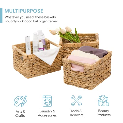 Water Hyacinth Small Wicker Storage Baskets - 3 Pack with Wooden Handles, 10 x 7.5 x 6.3 Inches