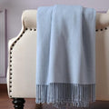 Silk Throw Blanket with Hand-Knotted Fringe - Natural Blue, 50 x 65 Inches