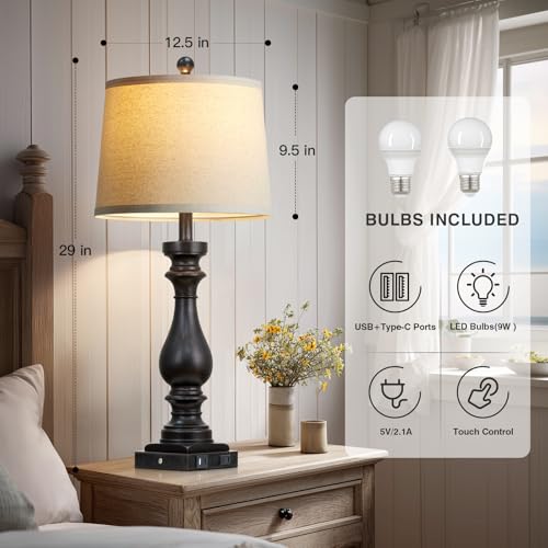 Black Vintage 29-Inch Tall Table Lamps Set of 2 with USB C & AC Outlets - Farmhouse Touch Nightstand Lamps