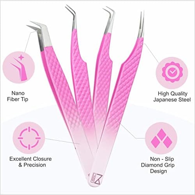 M LASH tweezers for Eyelash Extension (Set of 4) - Professional & Precision Eyelash tweezers - Japanese Steel, Diamond Grip, Fiber Tip V3 lash applicator tool (PW-Ombre)