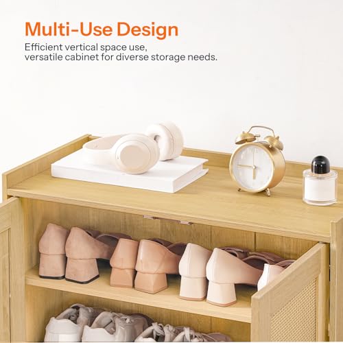 HOOBRO 5-Tier Rattan Shoe Cabinet with Adjustable Shelves and Doors, Natural Entryway Organizer