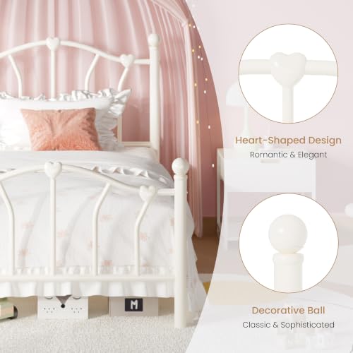 Twin Metal Bed Frame with Heart-Shaped Design - Cream White, Includes Storage and Noise Reduction - SHA CERLIN