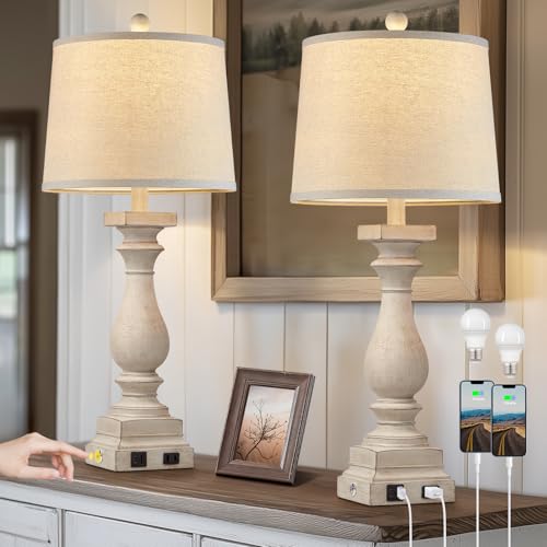 28-Inch Farmhouse Table Lamps Set of 2 with USB-C & AC Ports - Beige Vintage Nightstand Lamps - 3 Way Touch Control for Bedroom Living Room Office - Variation: Beige-2 Pack