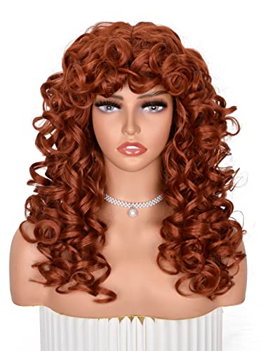 Copper Curly Wig for Women Long Afro Hair with Bangs - Bouncy Synthetic Fiber, Glueless, Daily & Cosplay