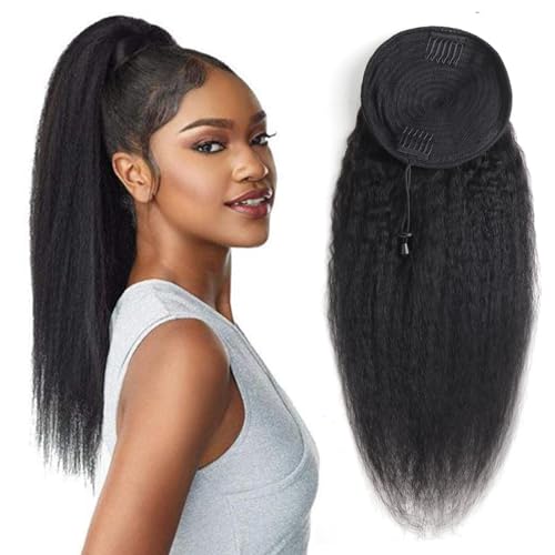 Human Hair Ponytail Extension 24 Inch Kinky Straight Drawstring Clip-In for Black Women