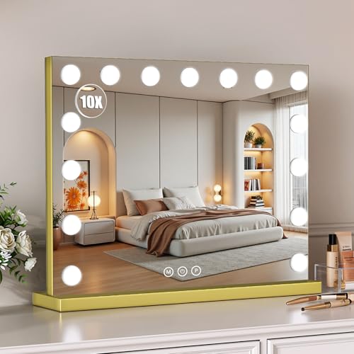 Vanity Mirror with Lights, 23"¡¿18" Large Hollywood Makeup Mirror with 15 Dimmable Bulbs, 3-Color Lighting, Dimmable, 10x Magnification, Desk Mirror, Bedroom (Gold)