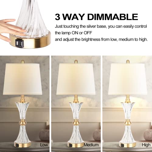 Hamucd Gold Glass Touch Table Lamps Set of 2 with USB Ports, Dimmable Nightstand Lights