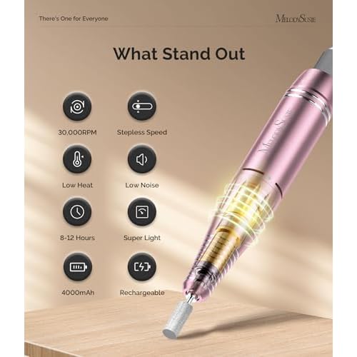 MelodySusie Entry-Level Clip-On Rechargeable Essential Nail Drill, SC300F 30000RPM E-File with LCD Display for All Manicure Shaping & Gel Removal, Ideal for Training,Nail Art Practice & Home Use, Pink