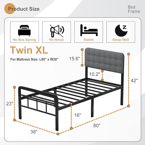 Twin XL Bed Frame with Upholstered Headboard and Metal Footboard - Heavy Duty, No Box Spring Needed, Easy Assembly