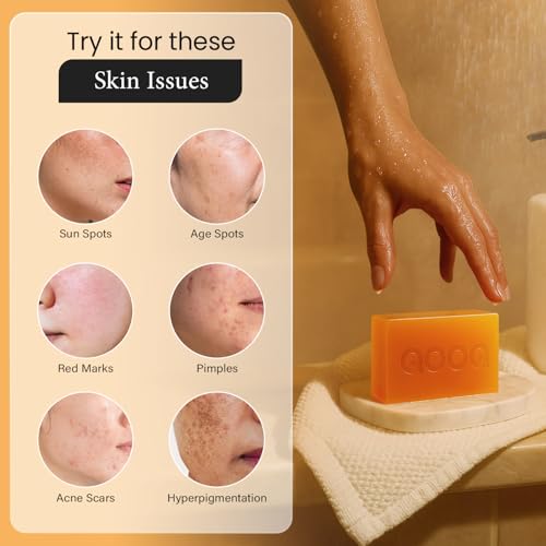 QOOQ Turmeric Kojic Acid Soap for Dark Spots Remover ? Facial Cleansing Bar with Vitamin C, Retinol, Collagen, Vitamin E, Glycerin, Shea Butter & Castile Olive Oil ? Soap for Women & Men (120g x 2)
