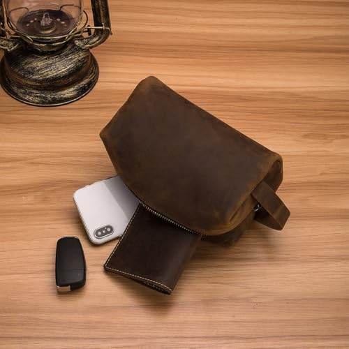 Premium Leather Unisex Toiletry Travel Pouch, Cosmetic Bag Organizer Stylish Waterproof Lining Vintage Unisex Kit, Water Resistant-Cosmetic Case DOPP Kit SD 064 (Coffee)