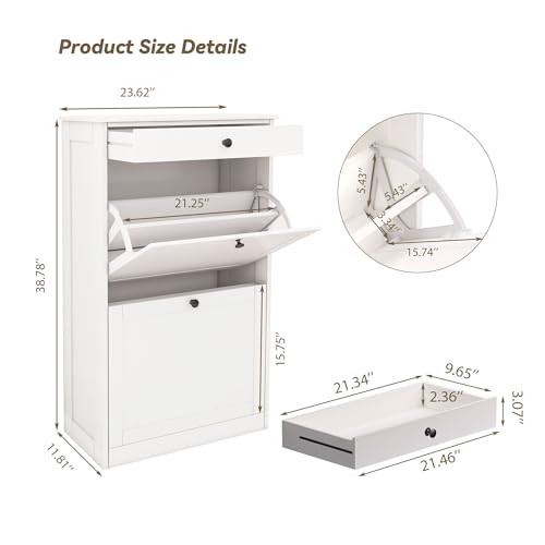 Medium White Shoe Cabinet with 2 Flip Drawers - Slim Modern Storage