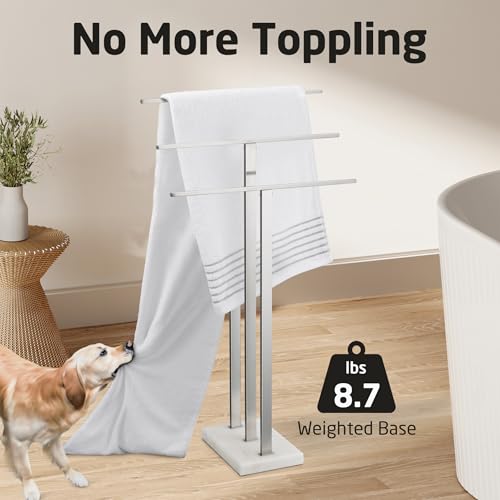 KES 3-Tier Standing Towel Rack with Marble Base - Brushed Nickel, 36" H