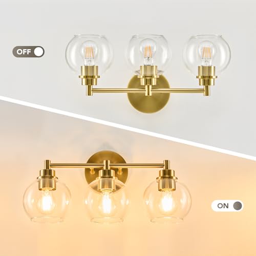VONLUCE 3-Light Bathroom Vanity Light Fixture - Gold Finish, Modern Glass Shades, Dimmable