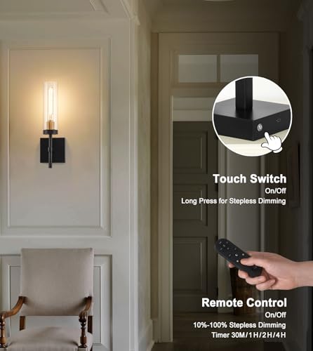 SANTOSTOCK Black Gold & Clear Glass Wireless Wall Sconces Set of 2 - Rechargeable Dimmable Battery-Powered LED Lights for Bedroom Living Room Bathroom Hallway 16 Inch