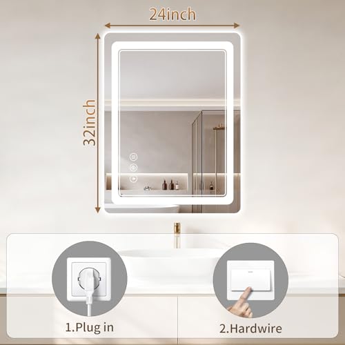 BEAUTYPEAK 32L x 24W LED Bathroom Mirror with Lights, Anti-Fog, Dimmable, Memory