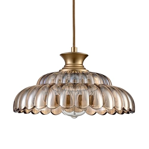 Vintage Amber Glass Pendant Light with Adjustable Brass Chain - Floral Design