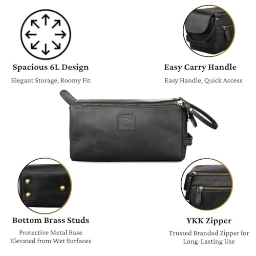Full Grain Leather Toiletry Kit for Men & Women ? Travel Toiletries & Shaving Bag Organizer, Water-Resistant Grooming Case for Bathroom, Makeup & Cosmetic Storage - Midnight Black