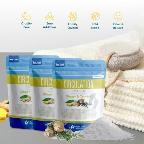 Circulation Foot Soak (3-Pack with Scoop) Foot Soaking Epsom Salts with Pure Essential Oils in BPA Free Pouch with Press-Lock Seal Made in USA, Three 2-Lbs Pouches 6-Lbs Total