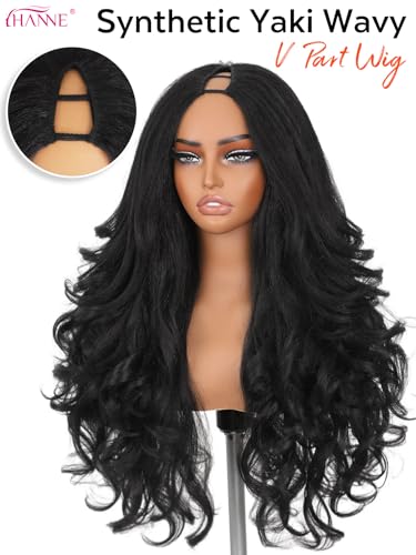 HANNE 26 Inch Yaki Layered Flip Curl Wavy V Part Wig Black Variation