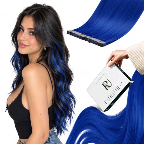 Blue Human Hair Extensions Tape-In 18 Inch Straight Remy Hair for Highlight & Cosplay - 25g/10pcs - Variation 1.2 Tape Blue / 18 IN