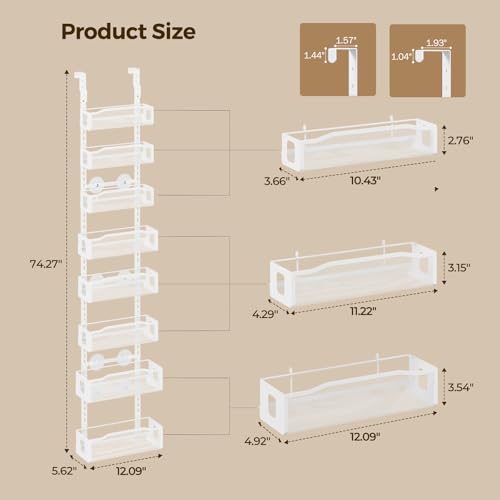 Delamu White 8-Tier Over-the-Door Pantry Organizer & Spice Rack, Adjustable Wall Mount Storage for Kitchen & Bathroom, 12 Inch