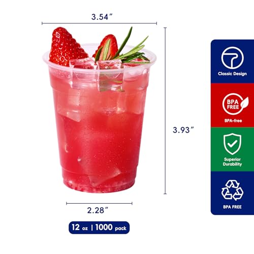 1000 Pack 12 oz Disposable Clear Plastic Cups - Elegant, Recyclable Party Drinkware