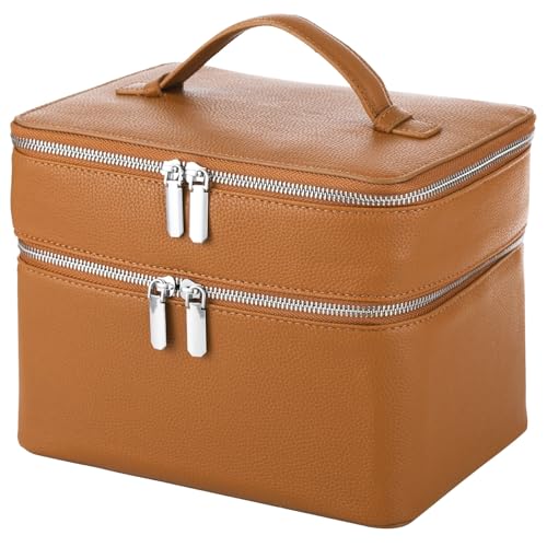 OMISTAR Brown Large Capacity Makeup Vanity Bag with Removable Liner Waterproof PU Leather