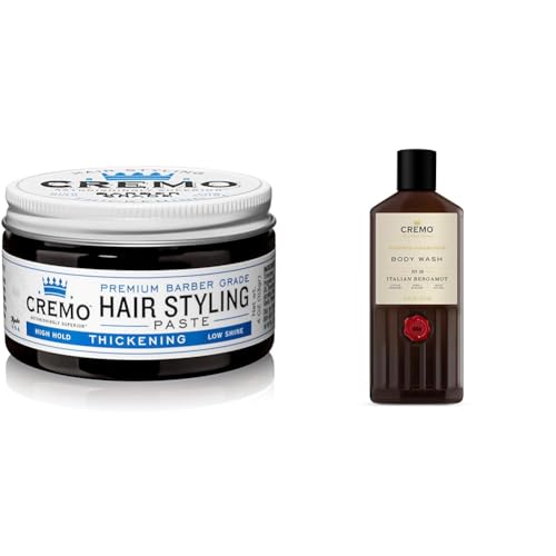 Cremo Premium Barber Grade Hair Styling Thickening Paste, High Hold, Low Shine, 4 Oz & Rich-Lathering Italian Bergamot Body Wash for Men, Notes of Italian Bergamot, Neroli Blossom