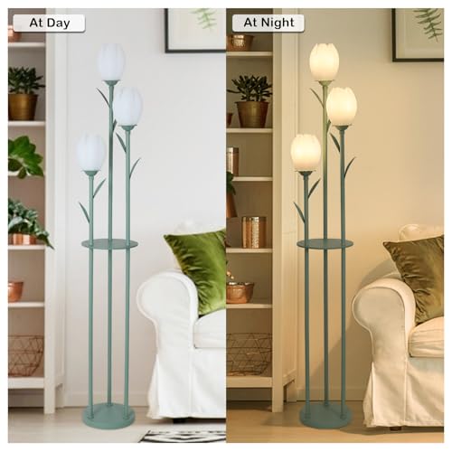 Green 3-Light Flower Floor Lamp with Shelves - Tulip Standing Lamp for Living Room & Bedroom