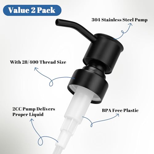 Soap Dispenser Pump Replacement 304 Stainless Steel for Regular Mouth Bottle for Standard 28/400 Thread Size Kitchen Bathroom Lotion Refill Dispenser 2 Pack(Black)