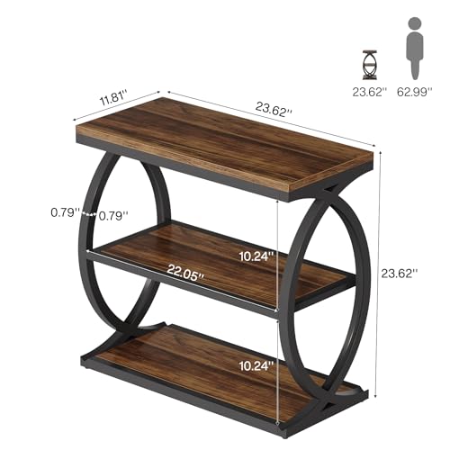 Narrow Rustic Brown End Table with 3 Tiers - Industrial Farmhouse Side Nightstand