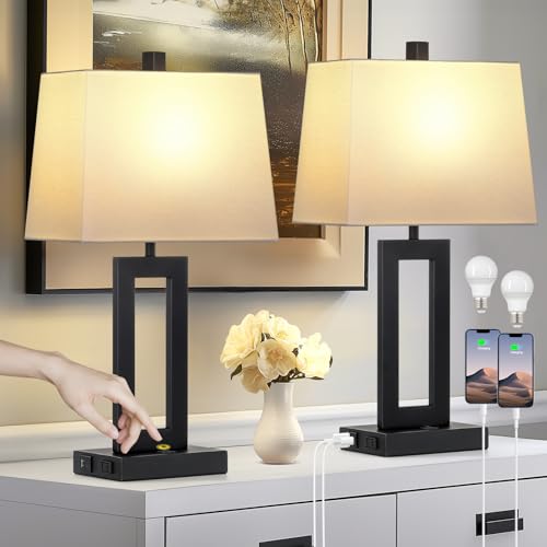 Black Bedside Table Lamp Set of 2 with USB & Type-C Ports - Modern Nightstand Lamps with Fabric Shades - White & Black Variation