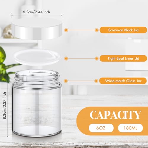 24 Pack 6oz Glass Cosmetic Jars with Black Lids - White, Leakproof Storage